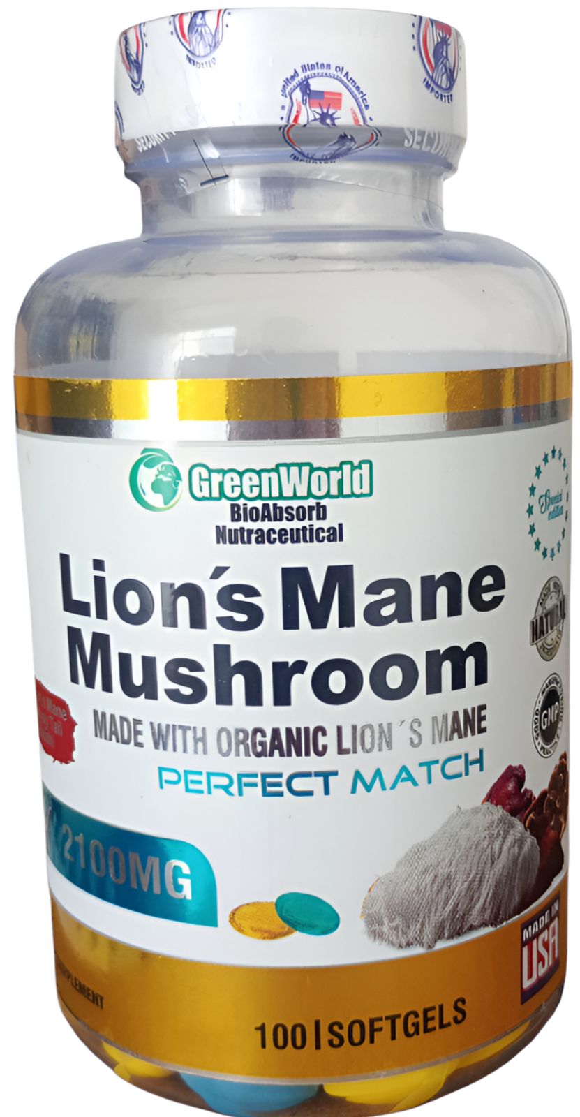 GreenWorld BioAbsorb Lion’s Mane Mushroom (Melena de león)— 2100 mg, 100 Softgels