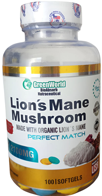 GreenWorld BioAbsorb Lion’s Mane Mushroom (Melena de león)— 2100 mg, 100 Softgels